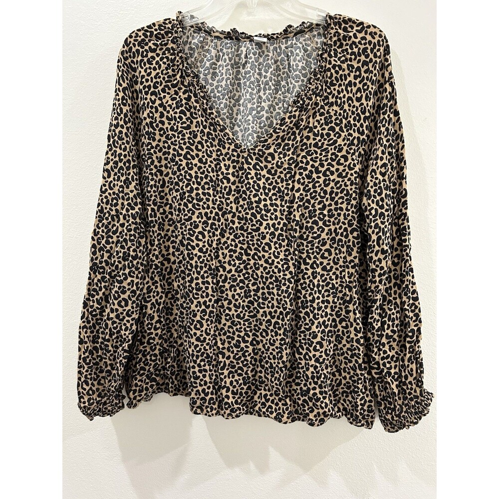 Old Navy Womens Sz Large Leopard Print Top Long Sleeve Tan Black Pullover